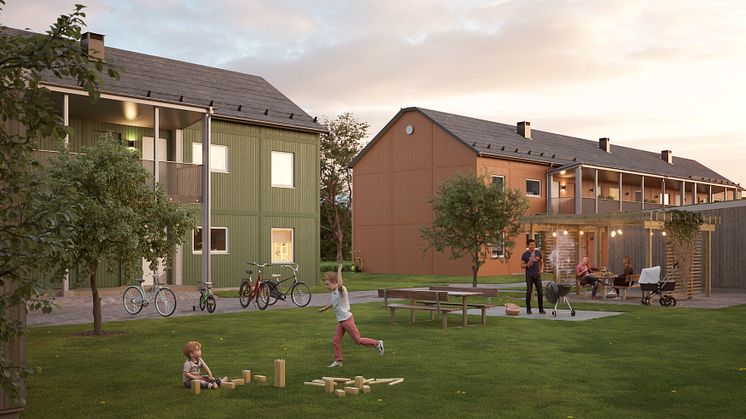 Illustration av de nya lägenheterna i BoKlok Ryttaren, södra Gunsta, Uppsala.
