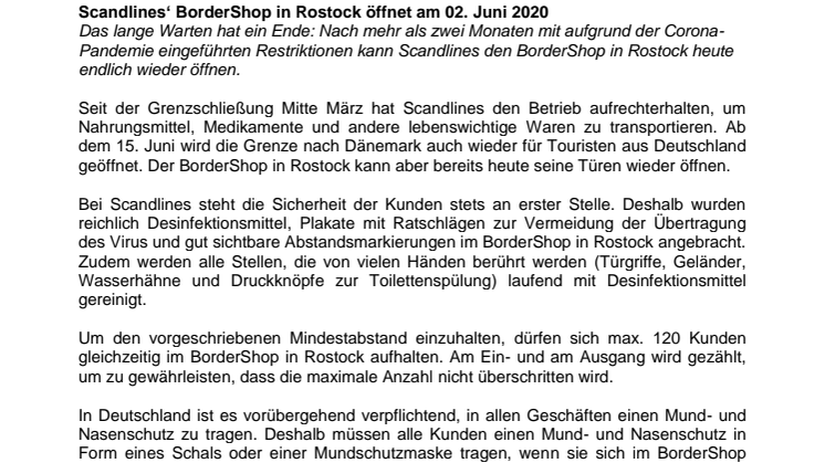 Scandlines‘ BorderShop in Rostock öffnet am 02. Juni 2020