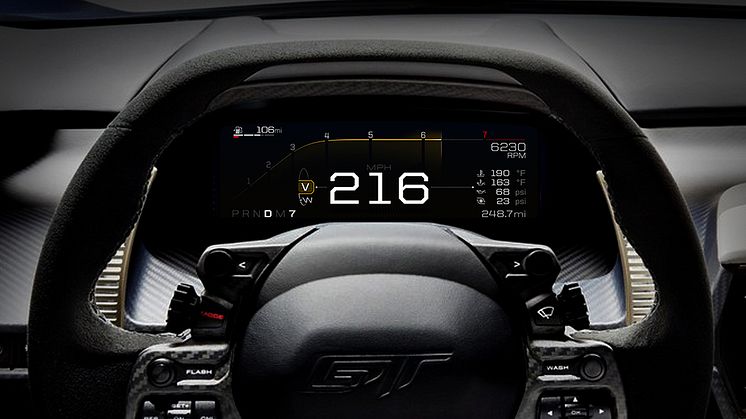 HELDIGITALT:  Dashbordet i nye Ford GT er heldigitalt og skifter avhengig av kjørestil eller underlag, Det skal etter hvert også flere Ford-modeller få.