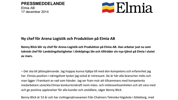 Ny chef för Arena Logistik och Produktion på Elmia AB