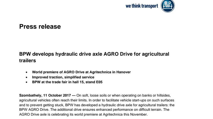 BPW develops hydraulic drive axle AGRO Drive for agricultural trailers