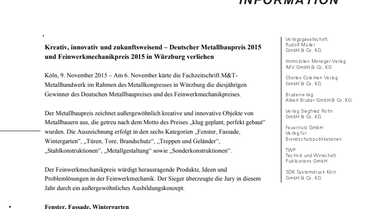 Deutscher Metallbaupreis 2015 und Feinwerkmechanikpreis 2015 verliehen