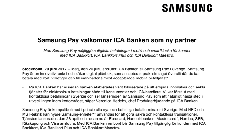 Samsung Pay välkomnar ICA Banken som ny partner