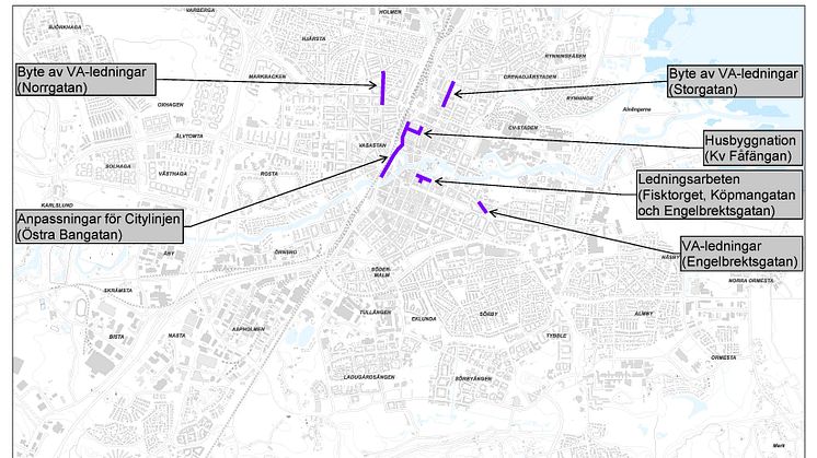 Karta över planerade gatuarbetena med större påverkan på framkomligheten i centrala Örebro under 2024.