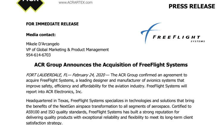 ACR Group Announces the Acquisition of FreeFlight Systems