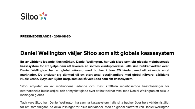Daniel Wellington väljer Sitoo som sitt globala kassasystem