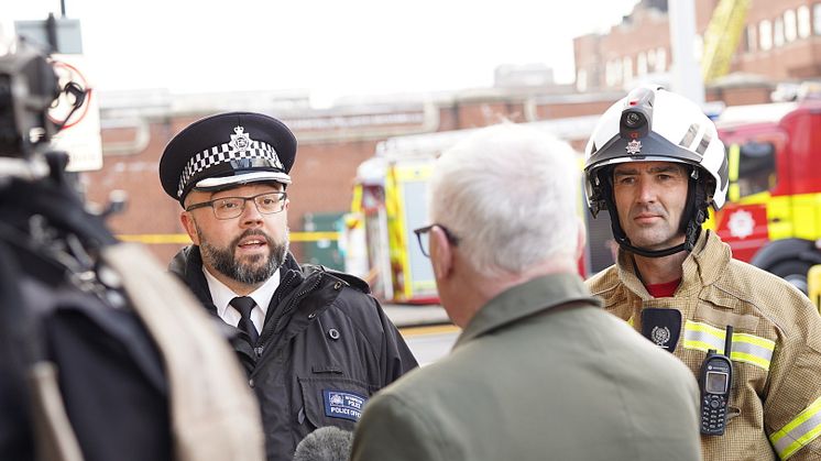 Superintendent Dan Card, North East Borough Command Unit, briefed media alongside London Fire Brigade North East Deputy Assistant Commissioner Darren McLatchey