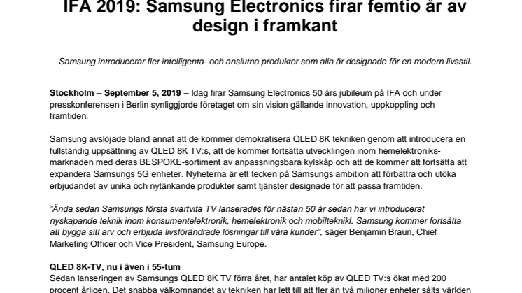 IFA 2019: Samsung Electronics firar femtio år av design i framkant