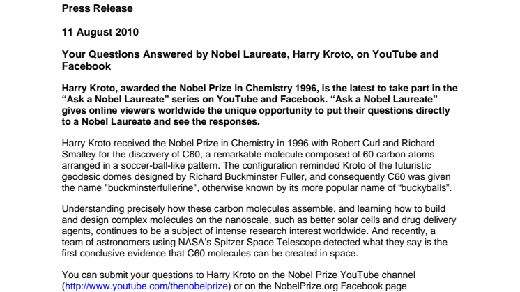 Your Questions Answered by Nobel Laureate, Harry Kroto, on YouTube and Facebook