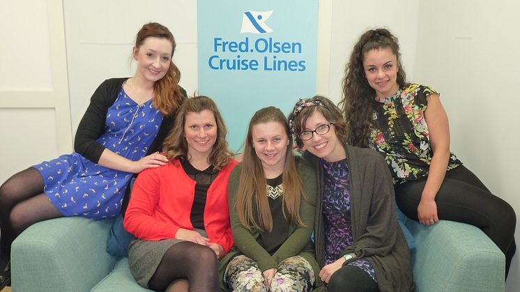 Fred. Olsen Cruise Lines’ new ‘Trade Support’ team are pictured at the company’s Head Office in Ipswich, Suffolk. Left to right: Becky Smith, Clair Farthing, Sophie Barrett, Emma Scrivener and Salume Van Tankeren. 
