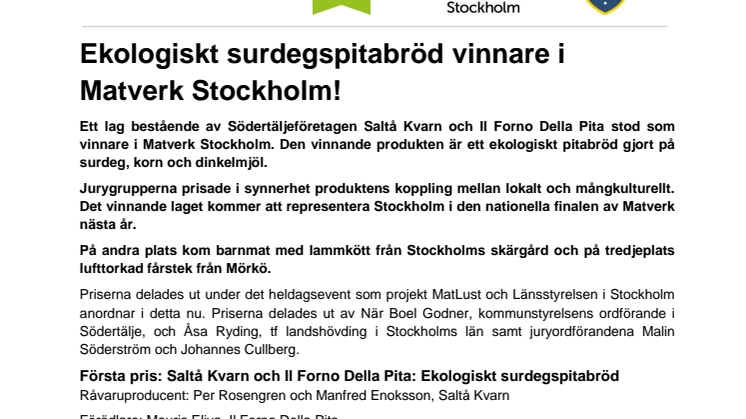 Ekologiskt surdegspitabröd vinnare i Matverk Stockholm!