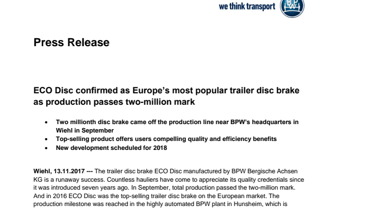 ECO Disc confirmed as Europe’s most popular trailer disc brake as production passes two-million mark