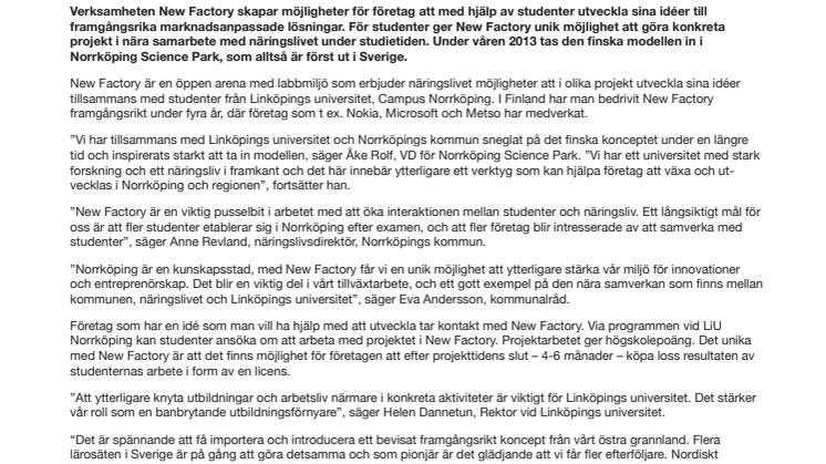 Norrköping först i Sverige att erbjuda "New Factory"