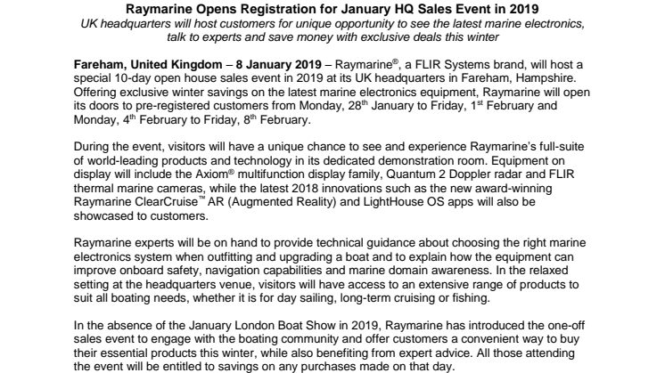 Raymarine Opens Registration for January HQ Sales Event in 2019