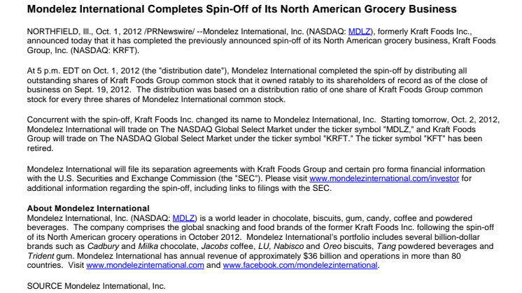 Mondelez International Completes Spin-Off of Its North American Grocery Business