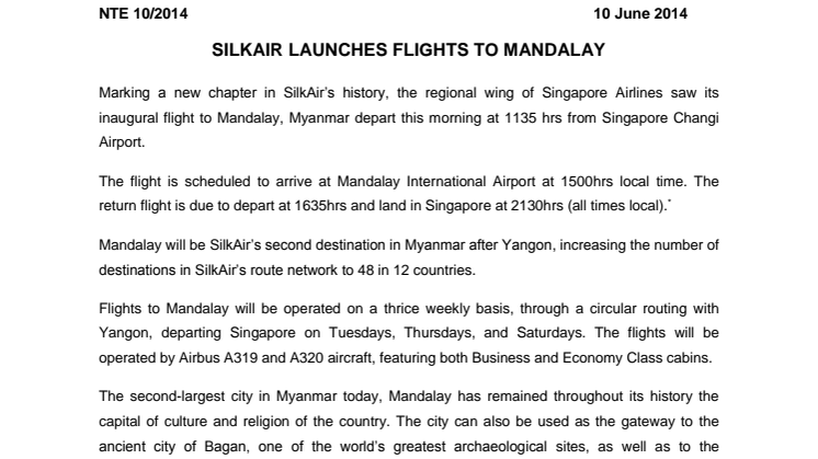 SilkAir Launches Flights to Mandalay
