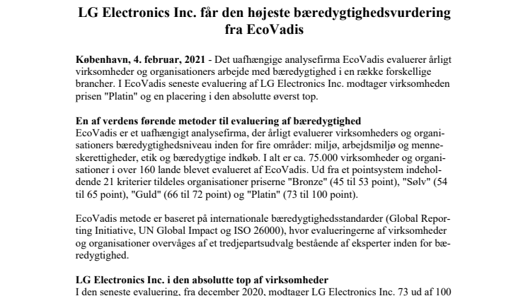 LG Electronics Inc. får den højeste bæredygtighedsvurdering fra EcoVadis