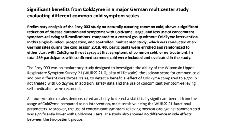 Significant benefits from ColdZyme in a major German multicenter study evaluating different common cold symptom scales