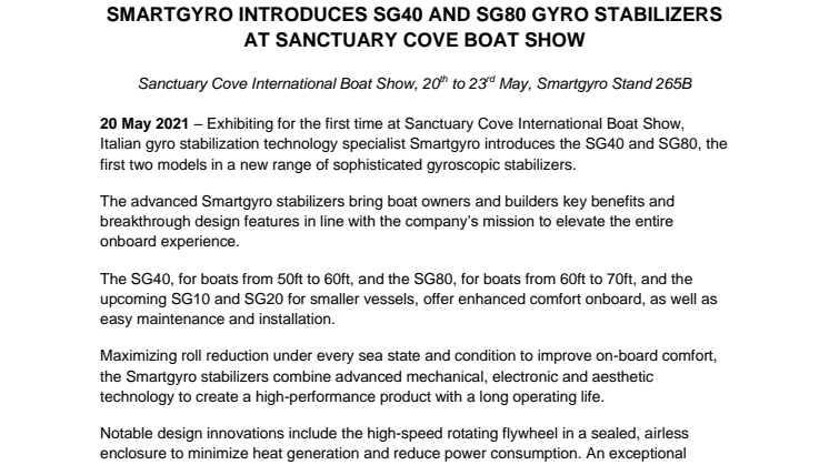 Smartgyro Introduces SG40 and SG80 Gyro Stabilizers at Sanctuary Cove Boat Show