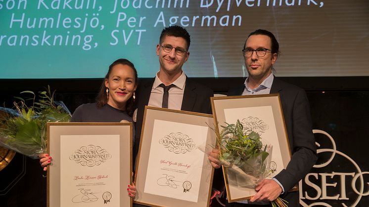 Vinnare  i kategorin Årets avslöjande: Linda Larsson Kakuli, Axel Gordh Humlesjö, Per Agerman. Ur bild: Joachim Dyfvermark