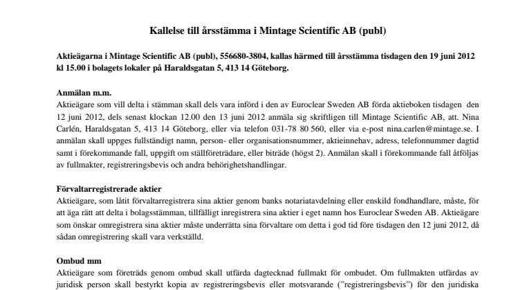 Kallelse till årsstämma Mintage Scientific AB (publ)