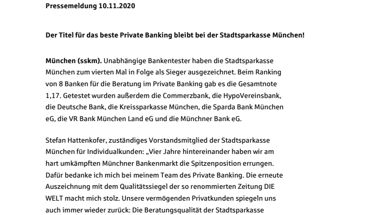 Der Titel für das beste Private Banking bleibt bei der Stadtsparkasse München!