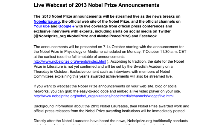 Live Webcast of 2013 Nobel Prize Announcements