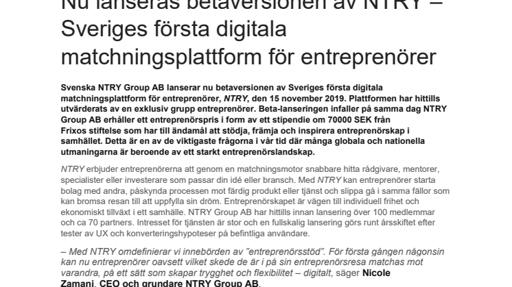 Nu lanseras betaversionen av NTRY – Sveriges första digitala matchningsplattform för entreprenörer
