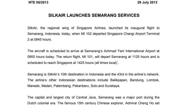 SilkAir Launches Semarang Services 