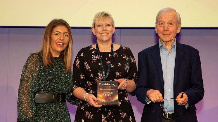Rachael Jackson, Fred. Olsen Cruise Lines' Public Relations Manager (centre), receives the 'PR Campaign of the Year' award at the inaugural 'TravMedia Awards 2020' from John Humphrys, TV broadcaster / journalist and Louise Napier of TravMedia.     