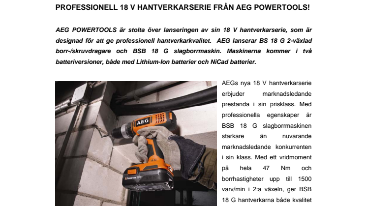 PROFESSIONELL 18 V HANTVERKARSERIE FRÅN AEG POWERTOOLS!