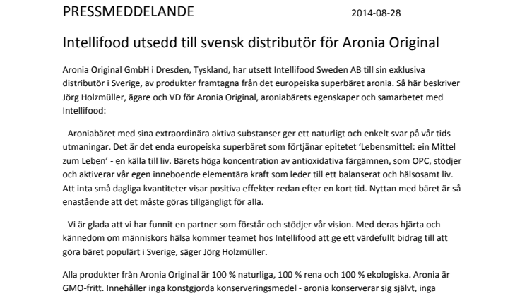 Intellifood utsedd till svensk distributör för Aronia Original