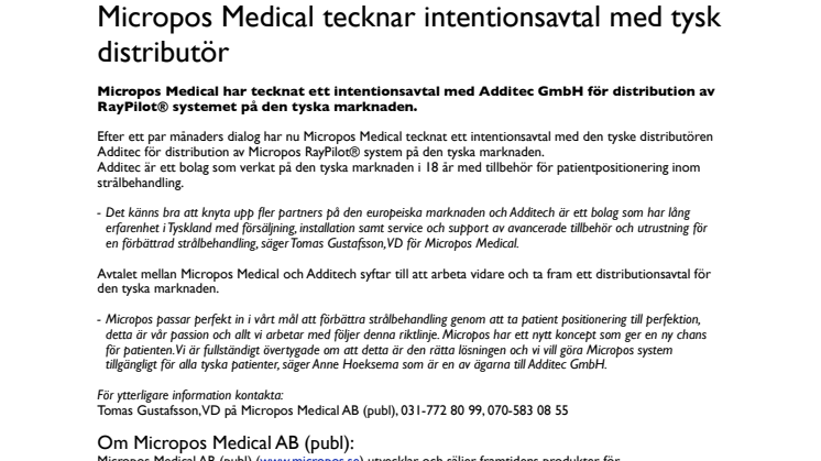 Micropos Medical tecknar intentionsavtal med tysk distributör