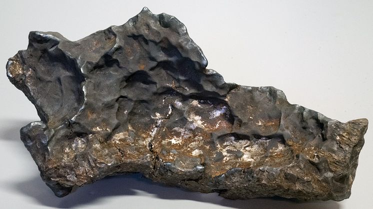 Meteoriten, cirka 30 cm lång, har fullt med små gropar (regmaglypter), som orsakats av smältning. Den mörka ytan består av en tunn smältskorpa som fläckvis fallit bort.  Foto: Andreas Forsberg/Anders Zetterqvist.