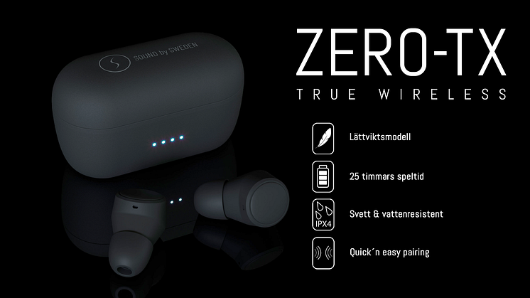 ZERO-TX är en ny stilren TWS hörlur med total speltid på +25 timmar och en vikt på endast 3.9 gram.