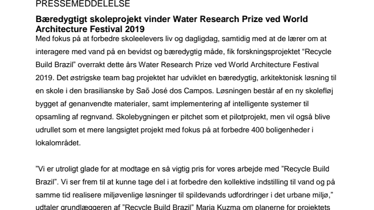 Bæredygtigt skoleprojekt vinder Water Research Prize ved World Architecture Festival 2019