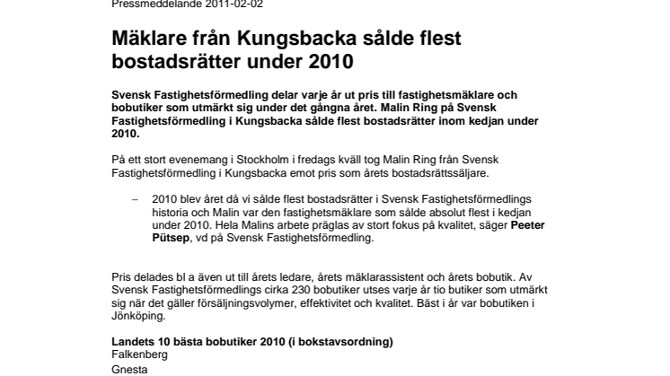Mäklare från Kungsbacka sålde flest bostadsrätter under 2010