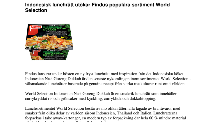 Indonesisk lunchrätt utökar Findus populära sortiment World Selection