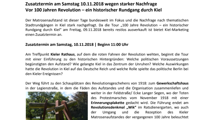 Zusatztermin zur Stadtführung Matrosenaufstand in Kiel am Samstag, 10.11.2018