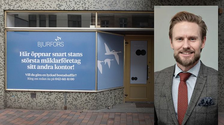 Här, på Drottninggatan i Helsingborg,  öppnar snart Bjurfors sitt 20:e kontor i Skåne. (Infälld i bild: Mattias Larsson, vd Bjurfors Skåne.)