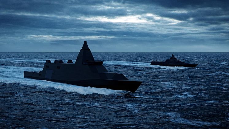 Bildtext: En skiss av marinens nya ytstridsfartyg till vänster, att jämföra med den mindre redan befintliga Visbykorvetten. Foto: Artist impression by Saab.