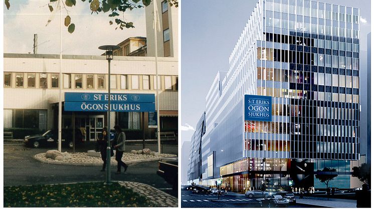 Till vänster S:t Eriks Ögonsjukhus vid öppningen 1990, till höger den nya sjukhusbyggnaden dit S:t Erik flyttar i september 2020.