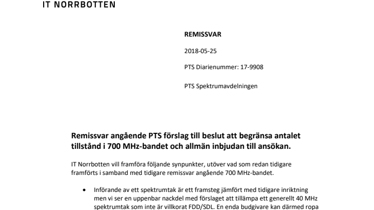 Remissvar 2015-05-25 700 MHz IT Norrbotten