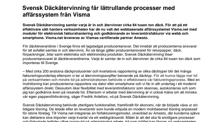 Svensk Däckåtervinning får lättrullande processer med affärssystem från Visma