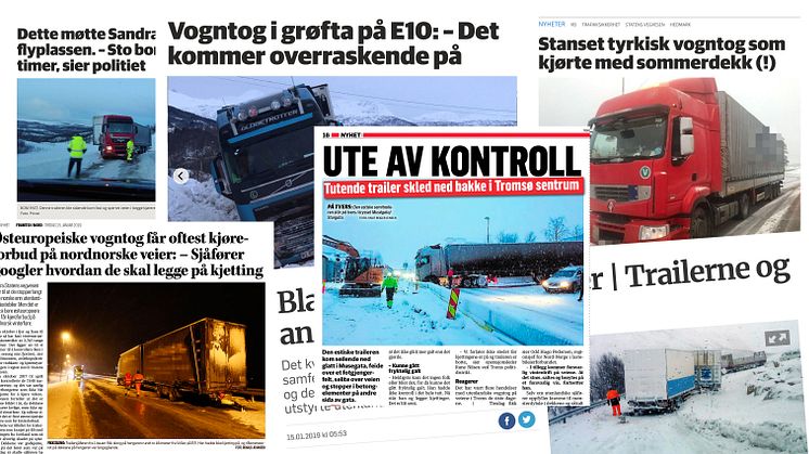 Risikosport: Mange utenlandske vogntog kjører i Norge med dekk som ikke er egnet for vinterbruk. Nå krever NLF endringer i regelverket for å motvirke ulykkestrenden. Faksimiler: Framtid i Nord, Nordlys, Fremover