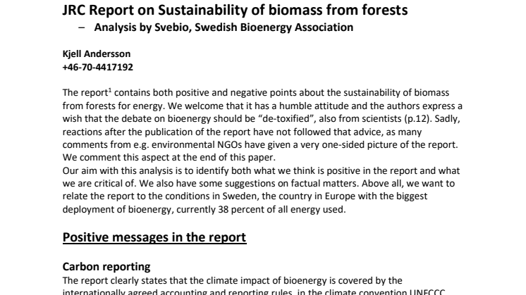 Analys av JRCs rapport "The use of woody biomass for energy production in the EU"