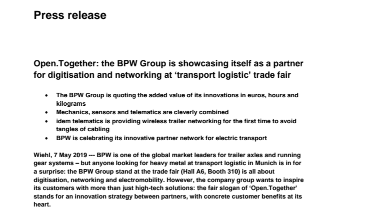 Open.Together: the BPW Group is showcasing itself as a partner for digitisation and networking at ‘transport logistic’ trade show 