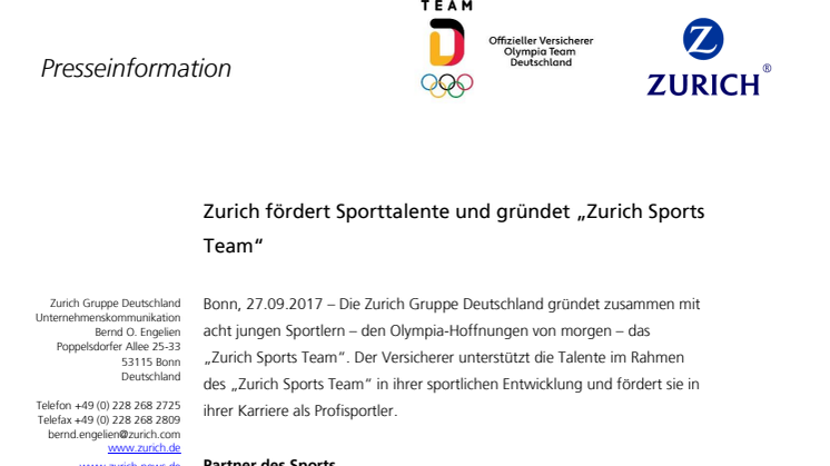 Zurich fördert Sporttalente und gründet „Zurich Sports Team“
