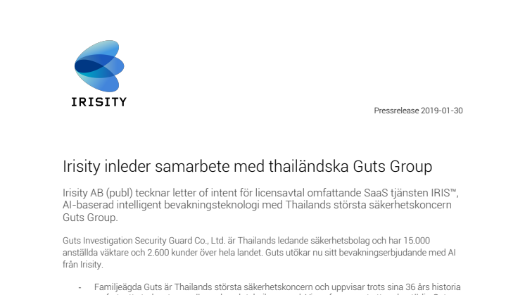 Irisity inleder samarbete med thailändska Guts Group