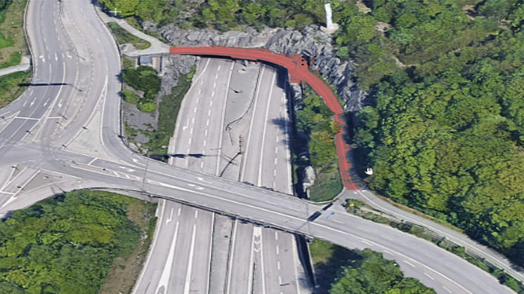 Den röda markeringen på bilden visar var gång- och cykelvägen vid Lundbytunneln tillfälligt kommer att stängas av.
